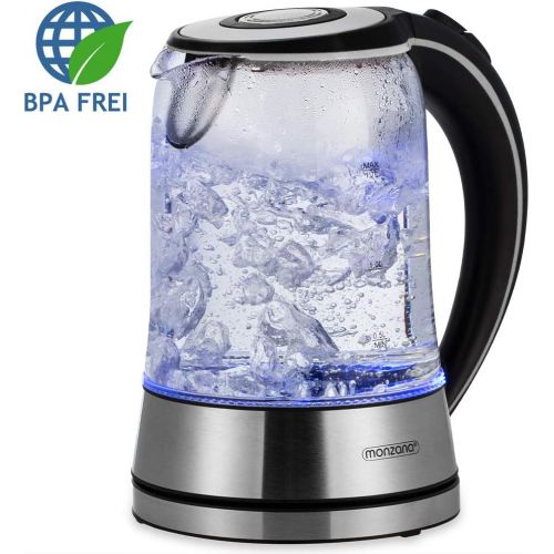  monzana Wasserkocher Edelstahl Teekocher I Glas I LED I BPA frei I 1,7 L I kabellos I 2200W silber/schwarz I UEberhitzungsschutz I Wasserstandsanzeige I Kalkfilter