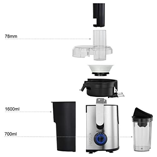 Monzana Entsafter fuer Obst und Gemuese aus Edelstahl Motorleistung max. 1100W grosse 85 mm Einfuelloeffnung inkl. Reinigungsbuerste und Saftbehalter 3 Geschwindigkeitsstufen
