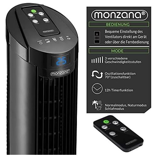  Monzana Turmventilator  90° Oszillationswinkel  Fernbedienung  3 Geschwindigkeitsstufen  84cm  Timerfunktion  Turbo-Funktion  schwarz - Saulenventilator Standventilator Luf