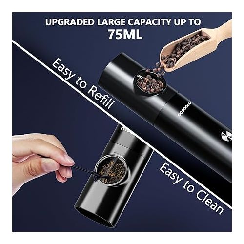  Moocoo Upgraded Electric Salt and Pepper Grinder Set with Fast Rechargeable Base & LED Light, Large Capacity, Adjustable Coarseness, Automatic One Hand Operated Salt Pepper Mill Grinder Refillable