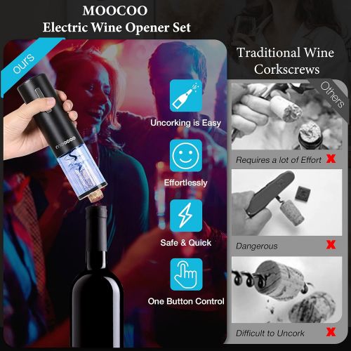  Electric Wine Opener with Charging Base, Moocoo Cordless Electric Wine Bottle Opener with 2-in-1 Aerator &Pourer, Foil Cutter, 2 Vacuum Preservation Stoppers, Display Charging Stat