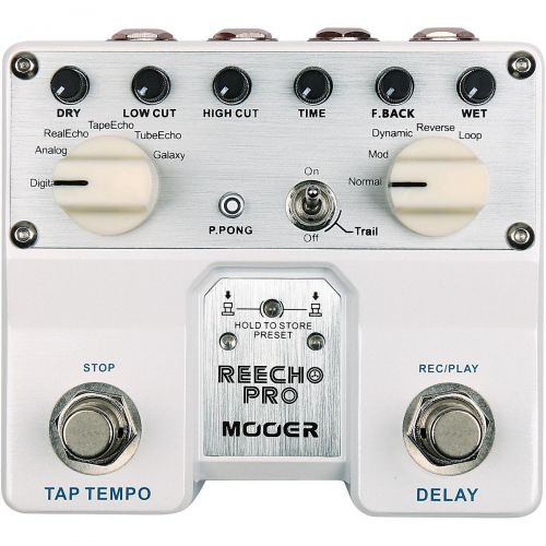  Mooer},description:Reecho Pro has 6 delay effects and with Tap Tempo function which makes adjusting the delay time much easier. From clean digital delay to psychedelic Galaxy Delay