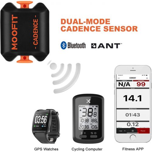  moofit Bike Cadence Sensor, Bluetooth / ANT+ IP67 Waterproof Wireless RPM Cycling Cadence Sensor for Wahoo/Zwift /OpenRider/Endomondo/ TacX/ TrainerRoad (MooFit app Unavailable)