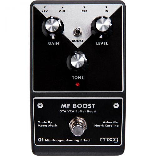  Moog},description:The MF Boost is an Expression-enhanced, twin topology boost pedal that allows you to select between an articulate VCA signal path and a colored OTA signal path. T