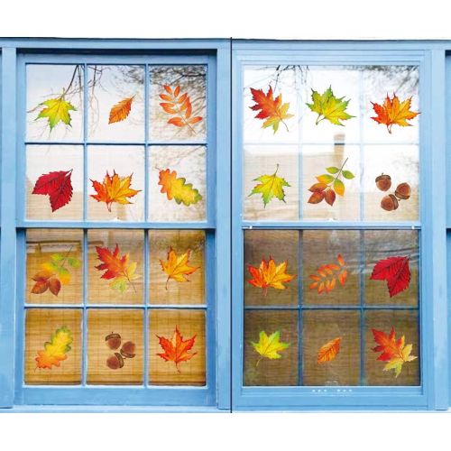  [아마존베스트]Moon Boat 120PCS Fall Leaves Window Clings - Thanksgiving Maple Decorations Autumn Decals Party Decor Ornaments