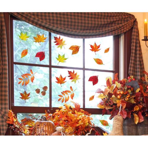  [아마존베스트]Moon Boat 120PCS Fall Leaves Window Clings - Thanksgiving Maple Decorations Autumn Decals Party Decor Ornaments