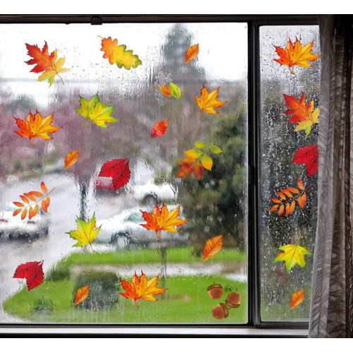  [아마존베스트]Moon Boat 120PCS Fall Leaves Window Clings - Thanksgiving Maple Decorations Autumn Decals Party Decor Ornaments