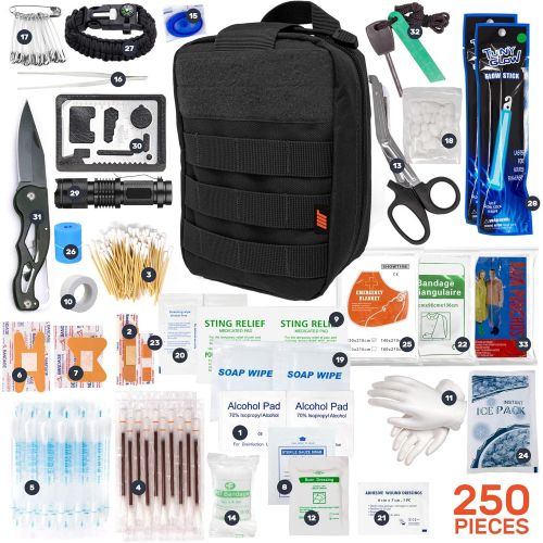  Moon Health 250pcs Tactical First Aid Kit Includes Molle Compatible Bag - Perfect for Hiking Hunting Camping Car Boat Adventures Emergency or Earthquake Safety… (Black)