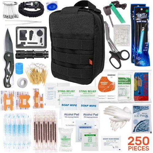  Moon Health 250pcs Tactical First Aid Kit Includes Molle Compatible Bag - Perfect for Hiking Hunting Camping Car Boat Adventures Emergency or Earthquake Safety… (Black)