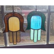 MooncalfGlass Stained glass hamsa hand. Brown, blue, green, amber. Good luck gift housewarming Tiffany suncatcher