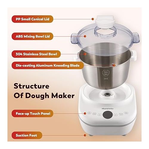  Moongiantgo 5L Dough Maker with Ferment Function, 200W Dough Kneading Machine with 304 Stainless Steel Bowl, Low Noise Operation, Microcomputer Timing, Touch Panel (White)