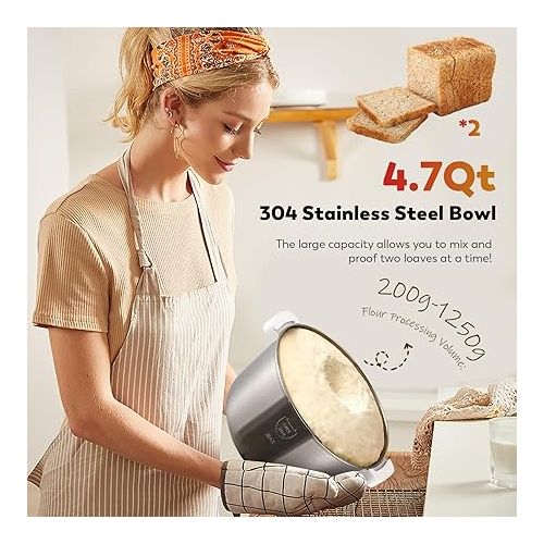  Moongiantgo 5L Dough Maker with Ferment Function, 200W Dough Kneading Machine with 304 Stainless Steel Bowl, Low Noise Operation, Microcomputer Timing, Touch Panel (White)