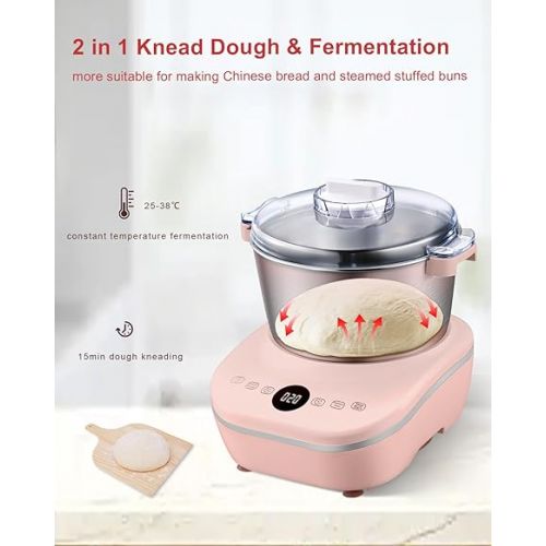  Moongiantgo 5L Dough Maker with Ferment Function, 200W Dough Kneading Machine with 304 Stainless Steel Bowl, Low Noise Operation, Microcomputer Timing, Touch Panel (Pink)