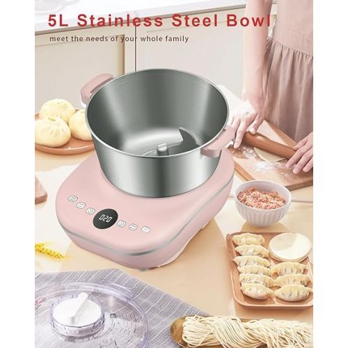  Moongiantgo 5L Dough Maker with Ferment Function, 200W Dough Kneading Machine with 304 Stainless Steel Bowl, Low Noise Operation, Microcomputer Timing, Touch Panel (Pink)