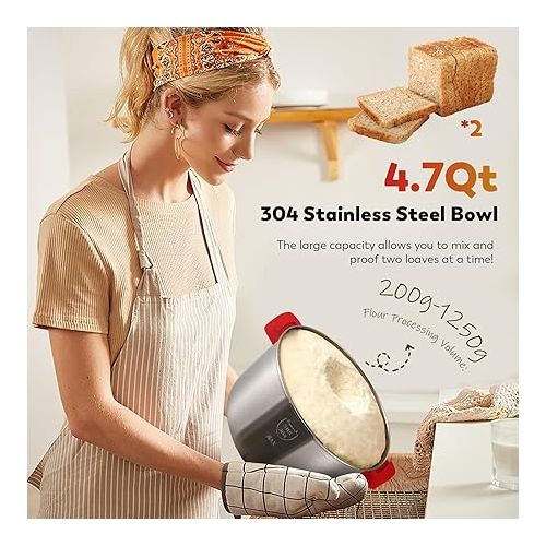  Moongiantgo 5L Dough Maker with Ferment Function, 200W Dough Kneading Machine with 304 Stainless Steel Bowl, Low Noise Operation, Microcomputer Timing, Touch Panel (Red)