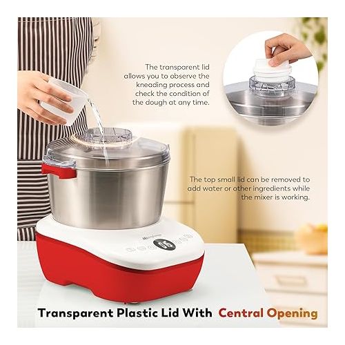  Moongiantgo 5L Dough Maker with Ferment Function, 200W Dough Kneading Machine with 304 Stainless Steel Bowl, Low Noise Operation, Microcomputer Timing, Touch Panel (Red)