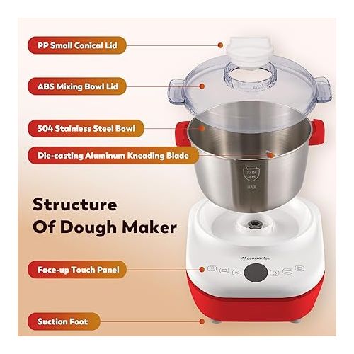  Moongiantgo 5L Dough Maker with Ferment Function, 200W Dough Kneading Machine with 304 Stainless Steel Bowl, Low Noise Operation, Microcomputer Timing, Touch Panel (Red)