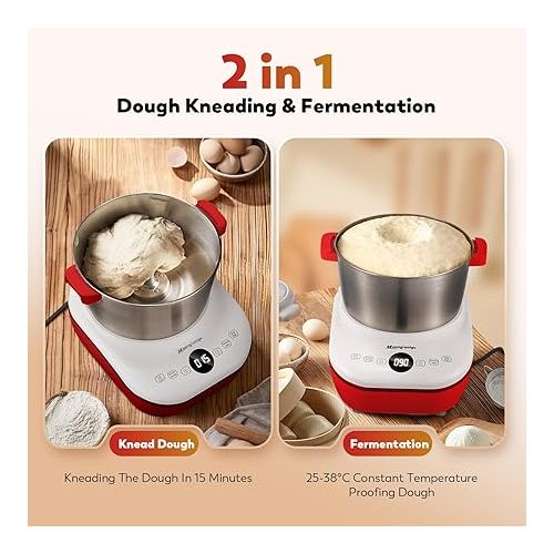  Moongiantgo 5L Dough Maker with Ferment Function, 200W Dough Kneading Machine with 304 Stainless Steel Bowl, Low Noise Operation, Microcomputer Timing, Touch Panel (Red)