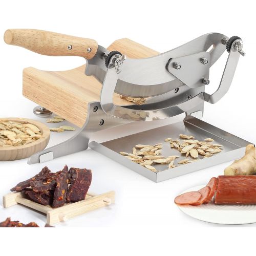  Moongiantgo Biltong Slicer Chinese Medicine Radiused Beef Jerky Cutter, 0-0.5” Adjustable Thickness, Wooden Base Herb Root Cutting Machine for Ginseng Antler Gastrodiae Maca Ganode
