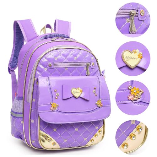  Moonmo Waterproof PU Leather Kids Princess Backpack Cute School Bookbag for Girls (Large, Bowknot Purple)