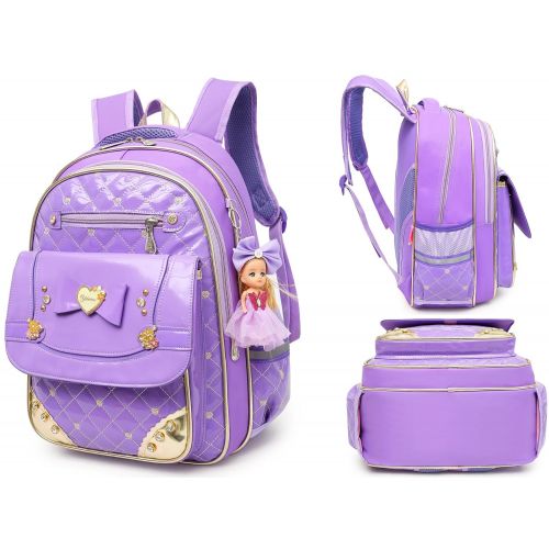  Moonmo Waterproof PU Leather Kids Princess Backpack Cute School Bookbag for Girls (Large, Bowknot Purple)
