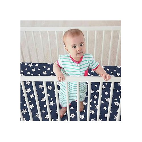  Pack and Play Sheets Boys, 4 Pack Mini Crib Sheets, Stretchy Pack and Play Playard Fitted Sheet, Compatible with Graco Pack n Play, Soft and Breathable Material, Navy