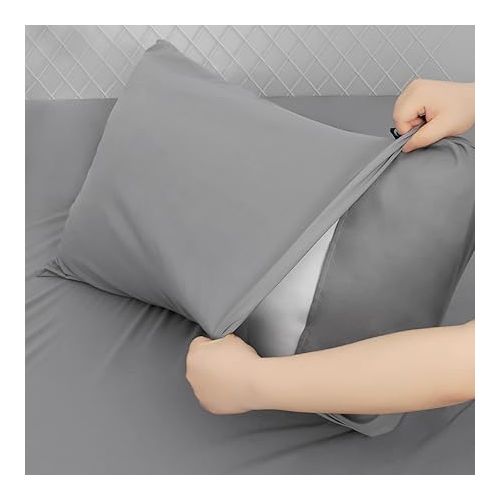  Extra Deep Pocket Sheet Sets for Air Mattress - Deep Pocket Sheets Queen Size Sets - Sheets with Pockets on Side - Easily Fits Extra Deep 16 in to 24 in Pillow Top (Grey)