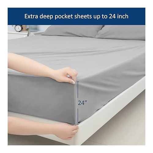  Extra Deep Pocket Sheet Sets for Air Mattress - Deep Pocket Sheets Queen Size Sets - Sheets with Pockets on Side - Easily Fits Extra Deep 16 in to 24 in Pillow Top (Grey)