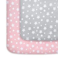 Pack and Play Sheets Girl, Mini Crib Sheets, Stretchy Pack n Play Playard Fitted Sheet, Compatible with Graco Pack n Play, Soft and Breathable Material, Grey & Pink