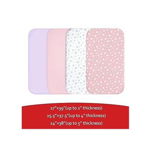 Pack and Play Sheets Girl, 4 Pack Mini Crib Sheets, Stretchy Pack n Play Playard Fitted Sheet, Compatible with Graco Pack n Play, Soft and Breathable Material, Pink