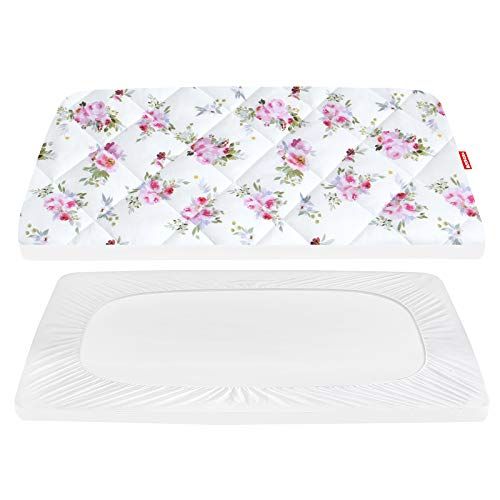  Moonsea Pack n Play Fitted Sheet for Girls, Floral Pattern Pack and Play Quilted Sheets, Soft and Breathable Pack and Play Mattress Pad Cover 39×27×5 fit Graco Playards and Foldable Mattre