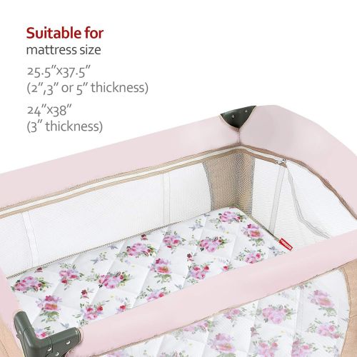  Moonsea Pack n Play Fitted Sheet for Girls, Floral Pattern Pack and Play Quilted Sheets, Soft and Breathable Pack and Play Mattress Pad Cover 39×27×5 fit Graco Playards and Foldable Mattre