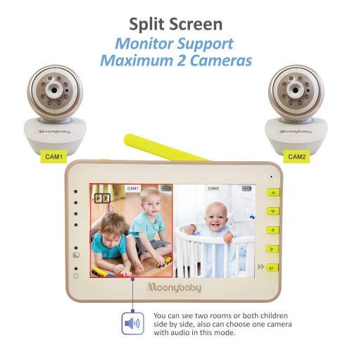  Video Baby Monitor 2 Cameras, Split Screen by Moonybaby, Pan Tilt Camera, 170 Degree Wide View Lens Included, 4.3 inches Large Monitor, Night Vision, Temperature, 2 Way Talk Back,