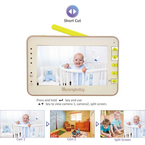  Video Baby Monitor 2 Cameras, Split Screen by Moonybaby, Pan Tilt Camera, 170 Degree Wide View Lens Included, 4.3 inches Large Monitor, Night Vision, Temperature, 2 Way Talk Back,