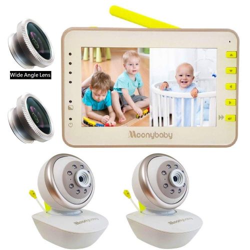  Video Baby Monitor 2 Cameras, Split Screen by Moonybaby, Pan Tilt Camera, 170 Degree Wide View Lens Included, 4.3 inches Large Monitor, Night Vision, Temperature, 2 Way Talk Back,