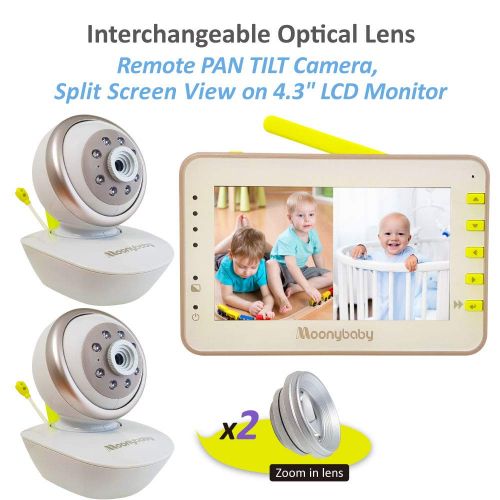  Moonybaby MoonyBaby PAN TILT Camera, Split Screen, Two Cameras System Digital Video Baby Monitor with Extra Optical Zoom in Lens, 4.3 LCD Large Monitor, Night Vision, Temperature, Two Way Ta