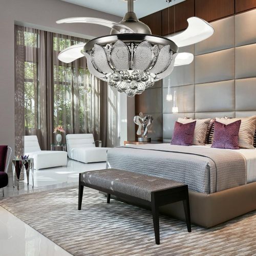  Moooni 36 Inch Fandelier Invisible Ceiling Fans with Lights and Remote Retractable Crystal Chandelier Ceiling Fan Stpeless Dimmable LED 3 Color Changing Black