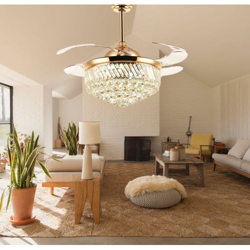  Moooni Invisible Fandelier Crystal Ceiling Fans with Lights and Remote Modern Retractable Blades Dimmable LED Chandelier Fan Light Kit-Gold 42 Inch