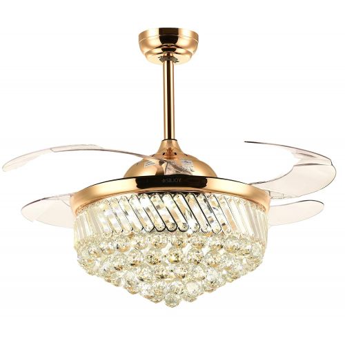  Moooni Invisible Fandelier Crystal Ceiling Fans with Lights and Remote Modern Retractable Blades Dimmable LED Chandelier Fan Light Kit-Gold 42 Inch