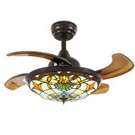 Moooni 36 Mediterranean Style Ceiling Fans with Light and Remote Invisible Chandelier Fans with Retractable Blades Dimmable LED Light Tiffany Indoor Fandelier Ceiling Fans Brown