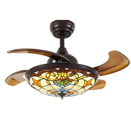  Moooni 36 Mediterranean Style Ceiling Fans with Light and Remote Invisible Chandelier Fans with Retractable Blades Dimmable LED Light Tiffany Indoor Fandelier Ceiling Fans Brown