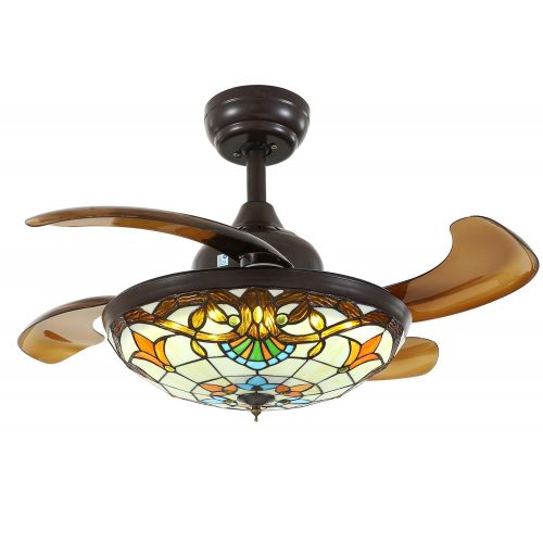  Moooni 36 Mediterranean Style Ceiling Fans with Light and Remote Invisible Chandelier Fans with Retractable Blades Dimmable LED Light Tiffany Indoor Fandelier Ceiling Fans Brown
