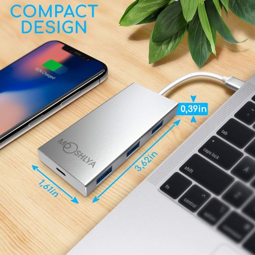  Mooshlya USB C Hub - 4K USB HDMI Adapter - SD Card Reader - 3 USB 3.0 Ports - Type C 3.1 Charging Port - USB C multi adapter for MacBook - Grey