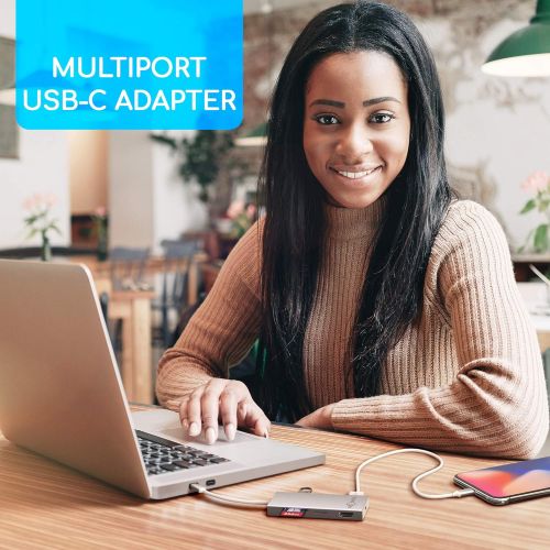  Mooshlya USB C Hub - 4K USB HDMI Adapter - SD Card Reader - 3 USB 3.0 Ports - Type C 3.1 Charging Port - USB C multi adapter for MacBook - Grey