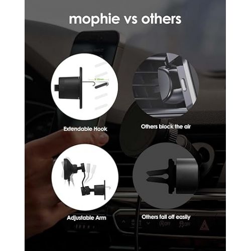  mophie Qi2 snap+ Magnetic Wireless Charging Vent Mount - Fast 15W Qi-Enabled Charger for iPhone 15/14/13/12, Universal Car Compatibility, 30W Car Charger Adapter Included, USB-C, Black