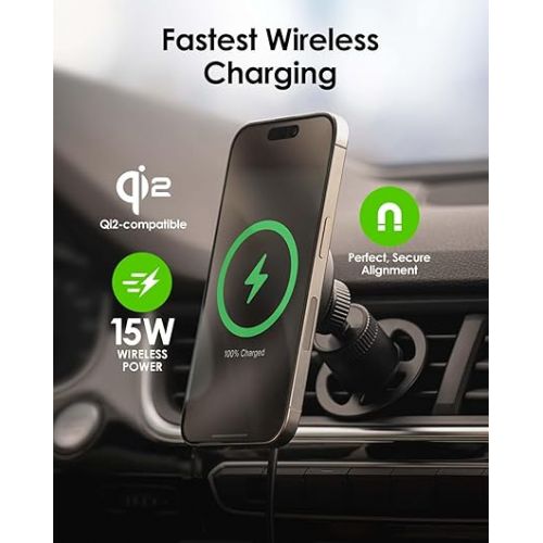  mophie Qi2 snap+ Magnetic Wireless Charging Vent Mount - Fast 15W Qi-Enabled Charger for iPhone 15/14/13/12, Universal Car Compatibility, 30W Car Charger Adapter Included, USB-C, Black