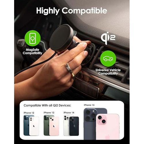  mophie Qi2 snap+ Magnetic Wireless Charging Vent Mount - Fast 15W Qi-Enabled Charger for iPhone 15/14/13/12, Universal Car Compatibility, 30W Car Charger Adapter Included, USB-C, Black