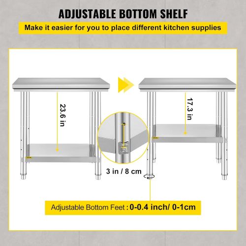  Mophorn Commercial Worktable & Workstation 24 x 30 x 32 Inch Stainless Steel Work Table Heavy Duty Commercial Food Prep Work Table for Home, Kitchen, Restaurant Metal Prep Table wi