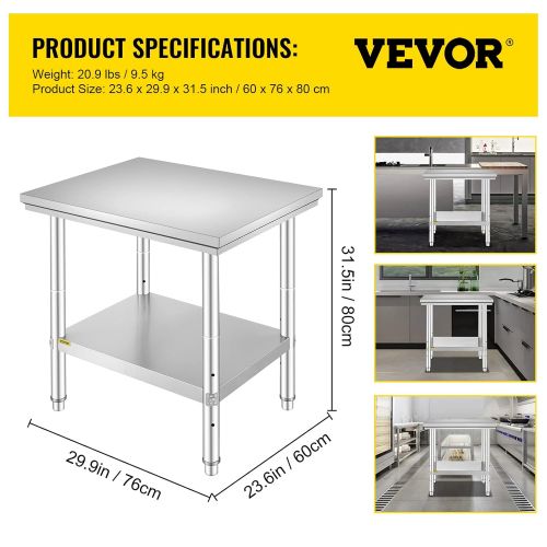  Mophorn Commercial Worktable & Workstation 24 x 30 x 32 Inch Stainless Steel Work Table Heavy Duty Commercial Food Prep Work Table for Home, Kitchen, Restaurant Metal Prep Table wi