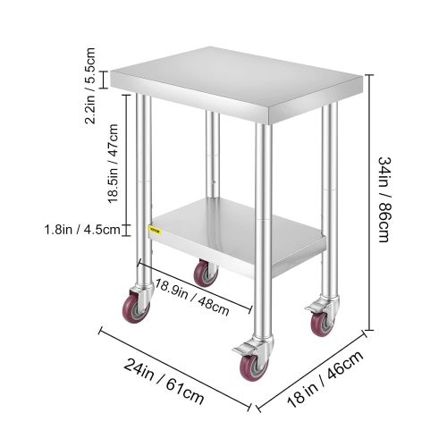  Mophorn 24x18x34 Inch Stainless Steel Work Table 3-Stage Adjustable Shelf with 4 Wheels Heavy Duty Commercial Food Prep Worktable with Brake for Kitchen Prep Work